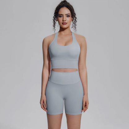 Damen-Yoga-Set: Sport-Top und kurze Leggings in Hellblau