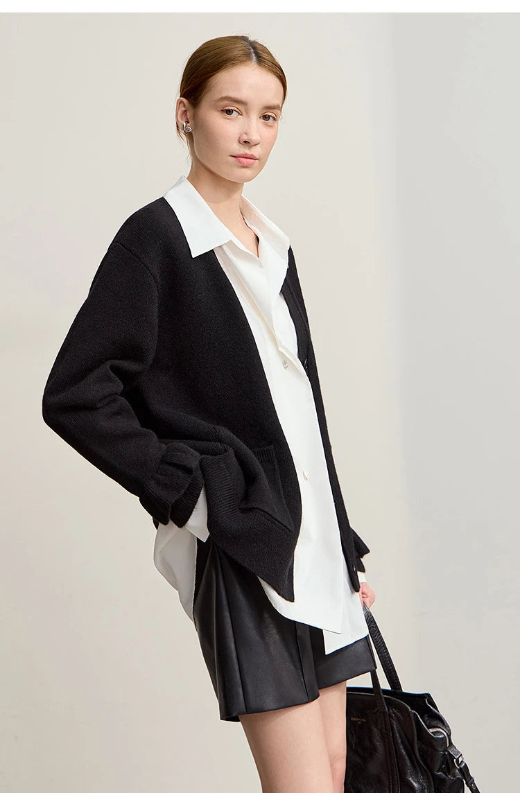 Damen-Strickjacke Wolle V-Ausschnitt Pendler einreihig locker Winter