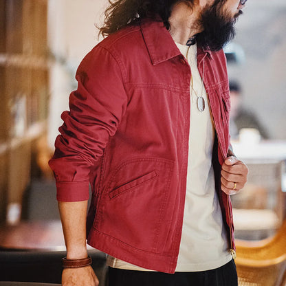 Herren Jacke Bestickte Slim-Fit Canvas Revers Mantel Zip-Up Casual