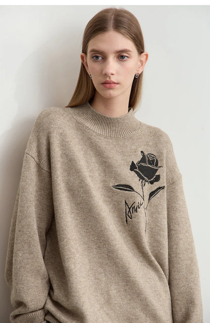 Damenpullover mit Rundhalsausschnitt, beiger Strick, schwarze Rosen-Stickerei, Langarm