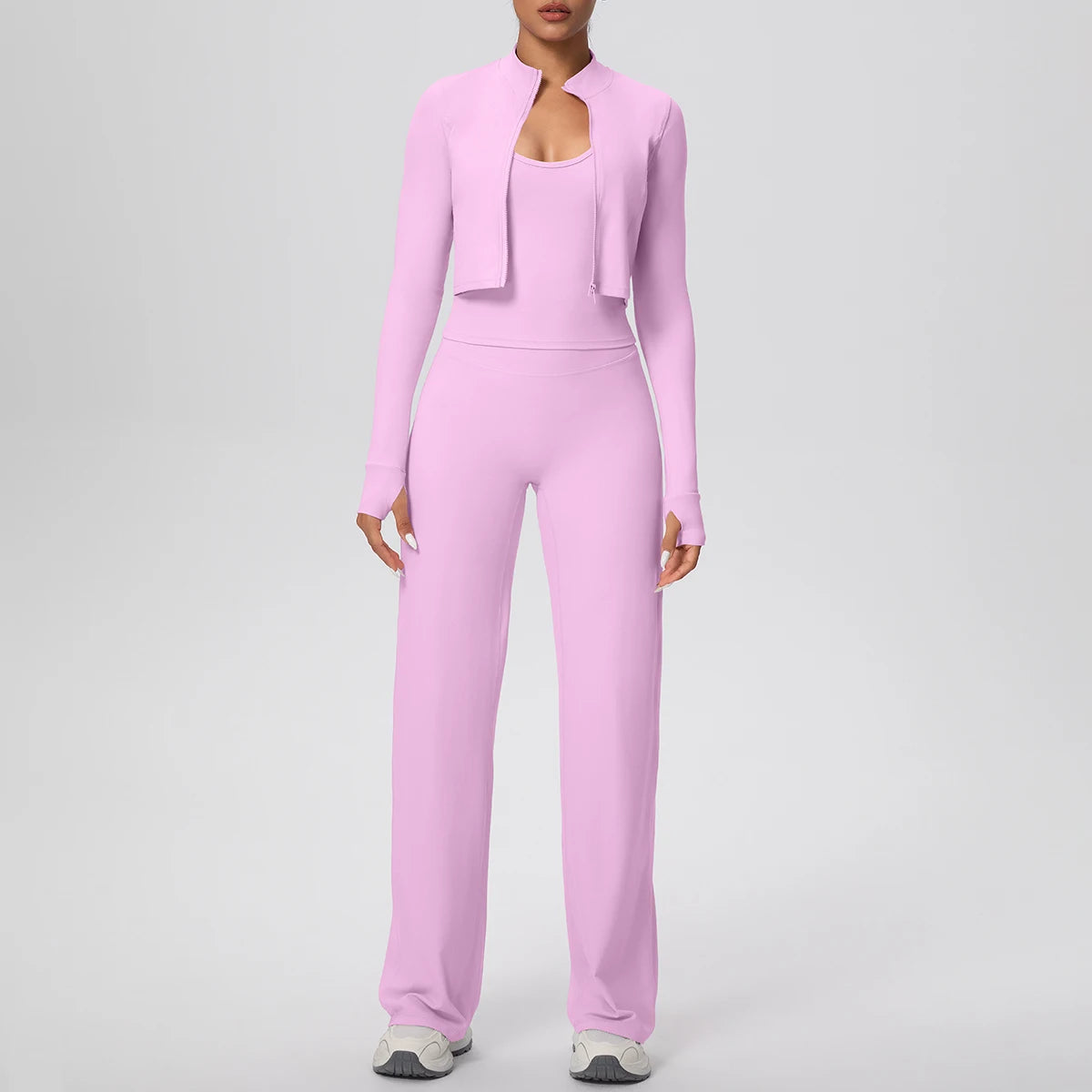 Hellrosa 3-teiliges Yoga-Lauf-Set: Trägertop, langärmlige Jacke, weite Hose