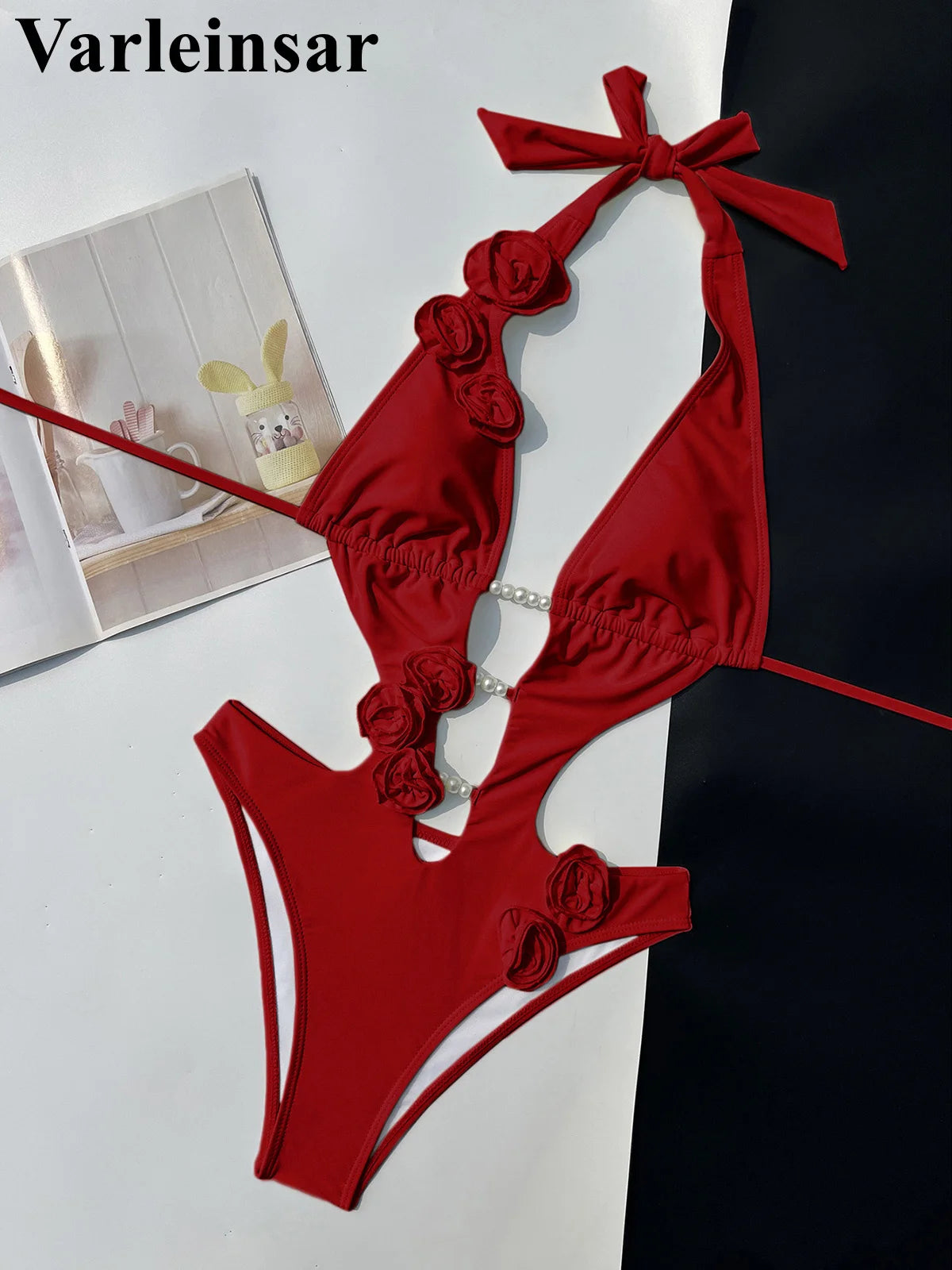 Damen Badeanzug 3D-Blumen tiefer V-Ausschnitt hoher Beinausschnitt Monokini rosa-rot