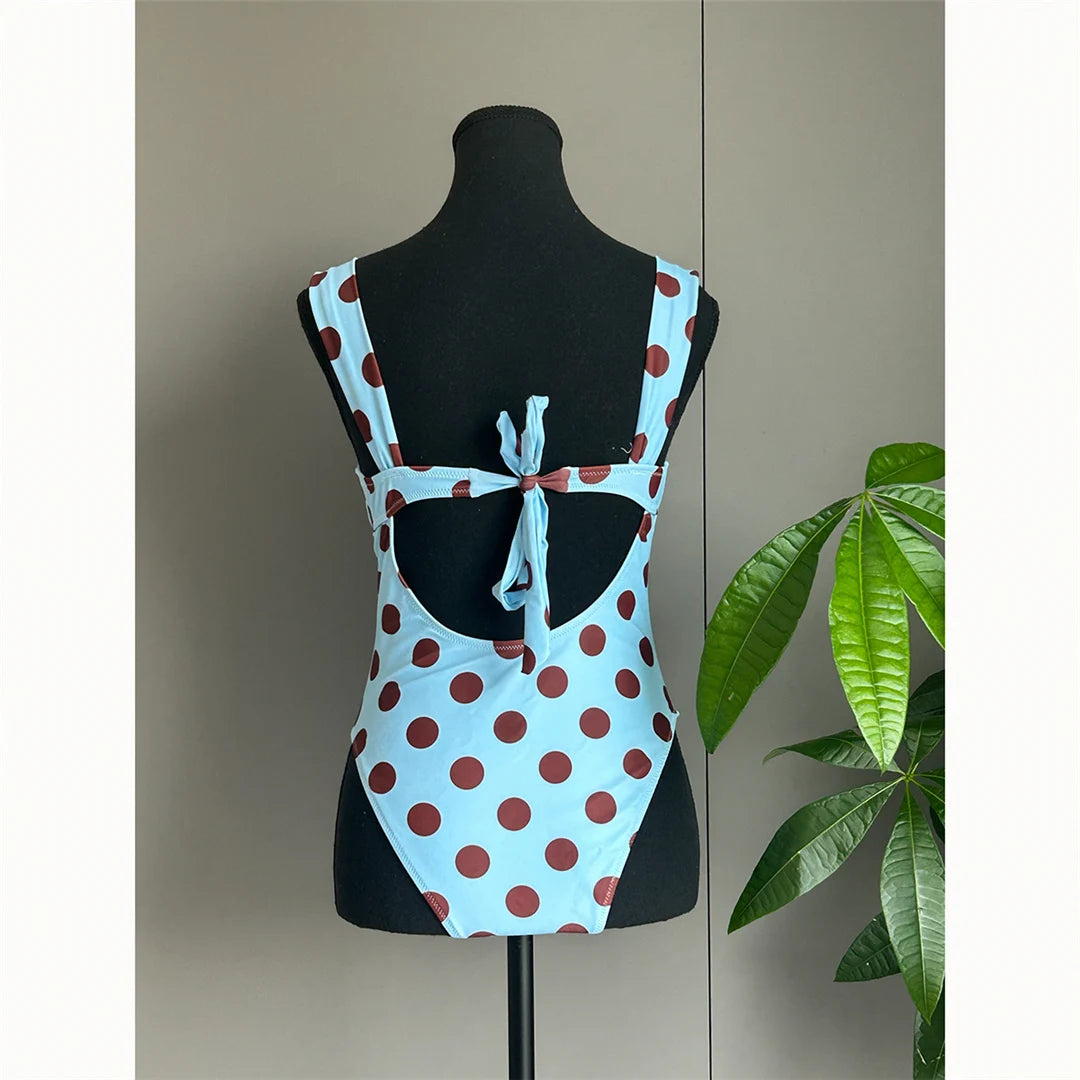 Damen-Badeanzug Polka Dots Bügel rückenfrei Monokini High-Leg
