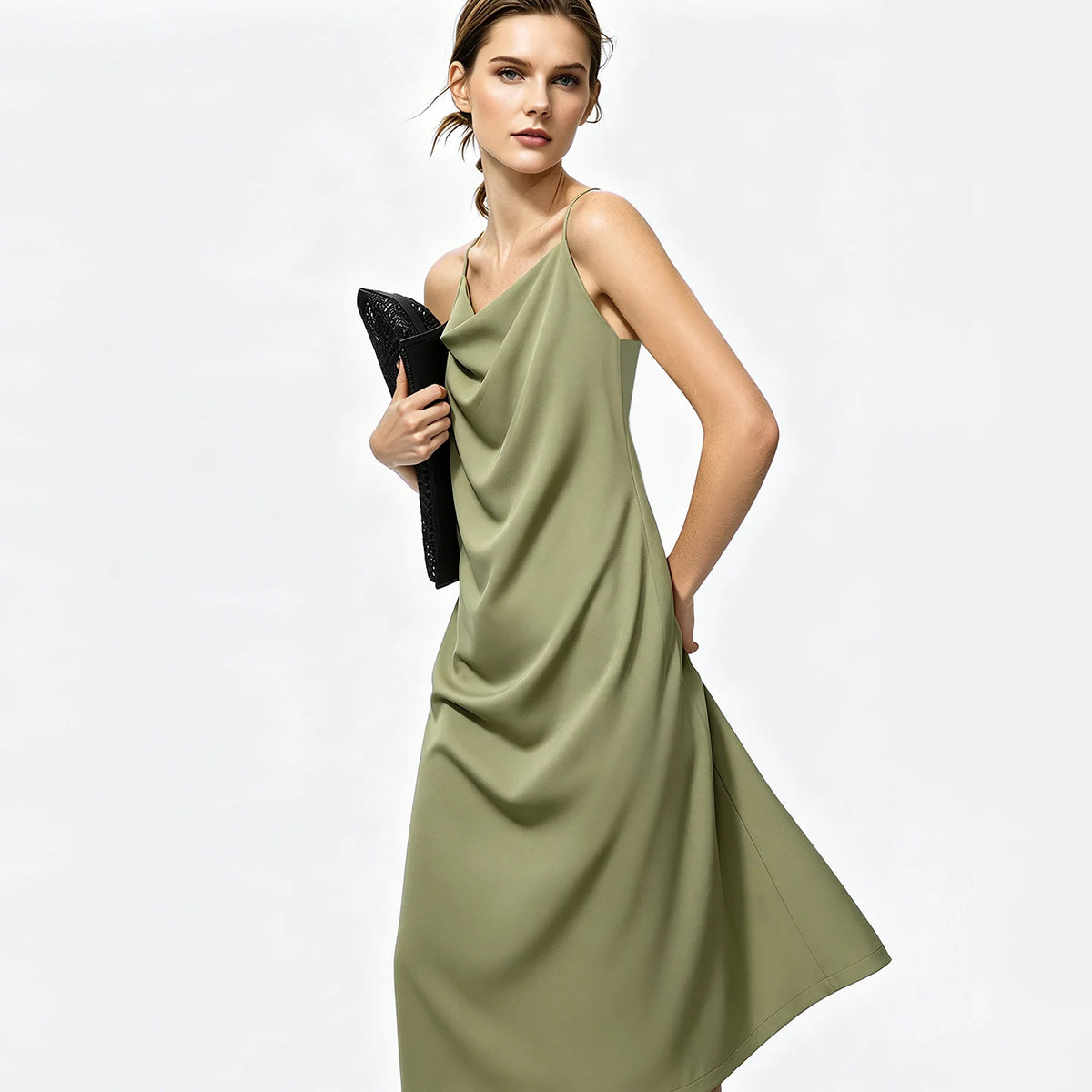 Olives Midikleid mit schmalen Trägern und Wasserfallausschnitt, drapiert