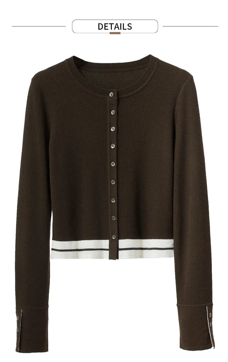 Damen-Strickjacke Rundhals Wolle Streifen kurz Pendler Slim Herbst