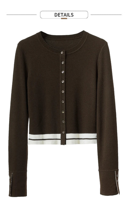 Damen-Strickjacke Rundhals Wolle Streifen kurz Pendler Slim Herbst