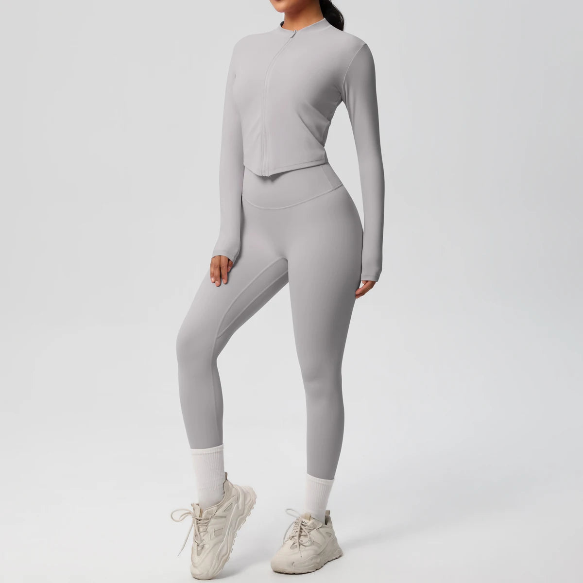 Damen Yoga-Set 2-teilig, hellgrau, Langarmshirt mit Reißverschluss und Leggings