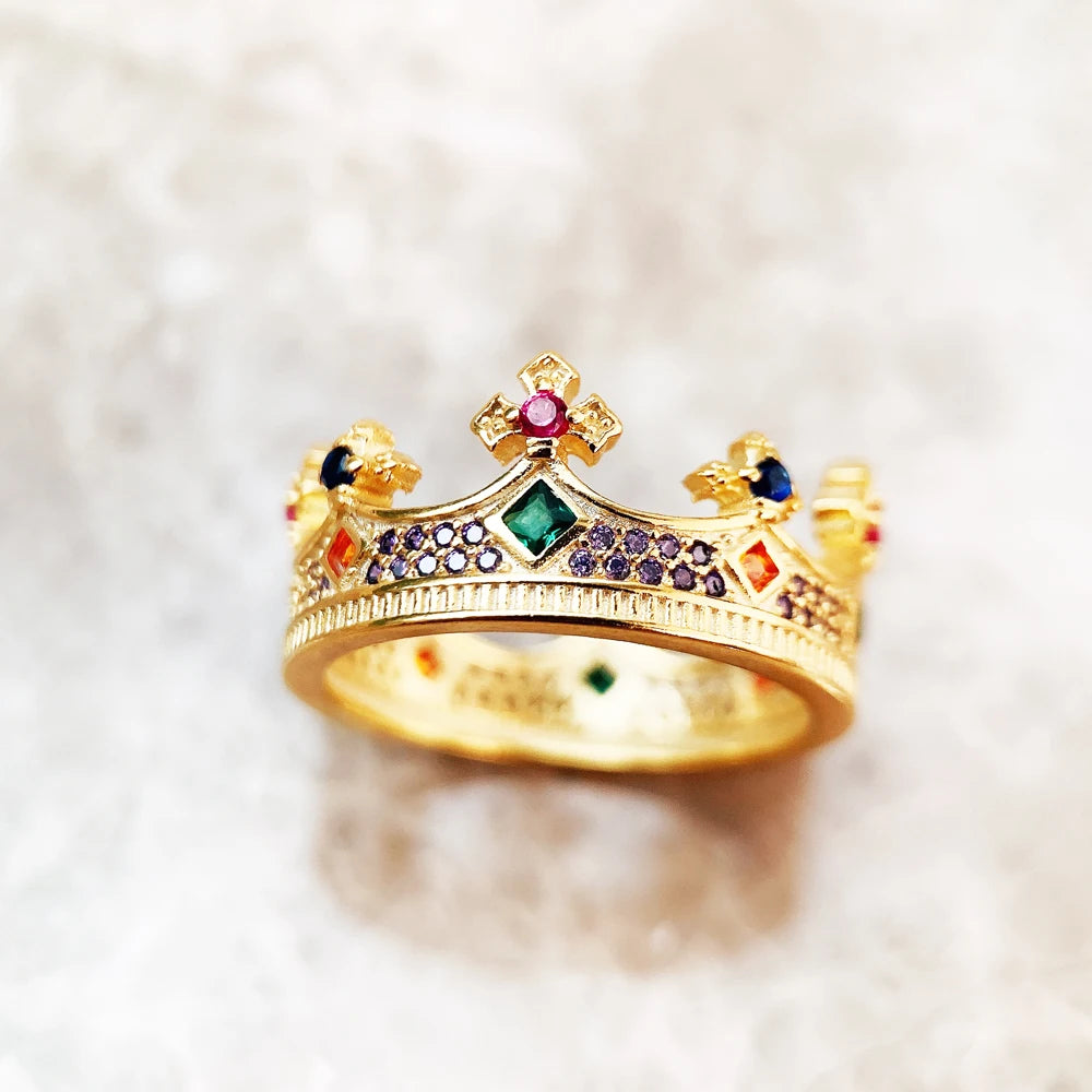 Damen-Ring Königin Krone golden majestätisch aus Sterlingsilber