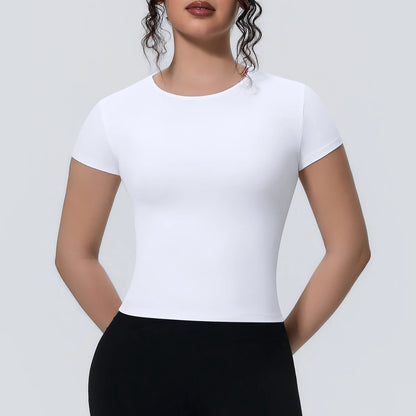 Damen Yoga-Shirt mit Rundhalsausschnitt, kurzarm, eng anliegend, weiß