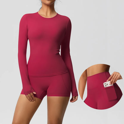 Damen-Yoga-Set Weinrot mit langarmigem Shirt und kurzen Shorts, Taschenansicht