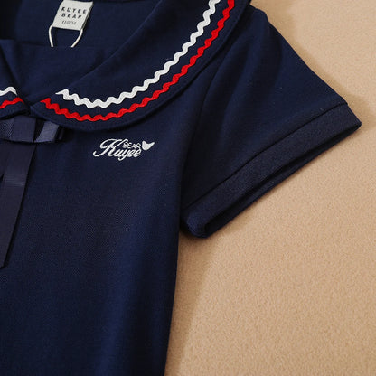 Mädchen Kleid Schuluniform Umlegekragen Kleider 5-12 Jahre Kinder Preppy Kleidung Kinder Sommer Kurze Ärmel Kleidung