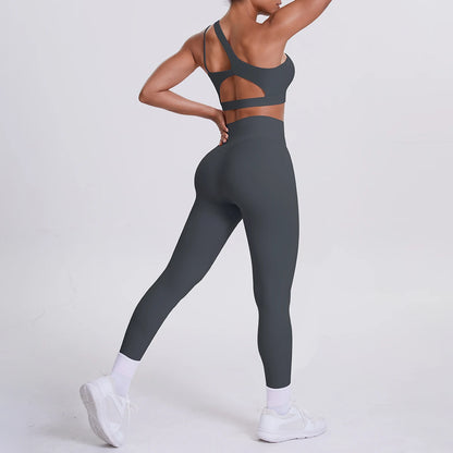 Yoga-Set aus Sport-BH und 3/4-Leggings, dunkelgrau, mit Trägern und Aussparungen