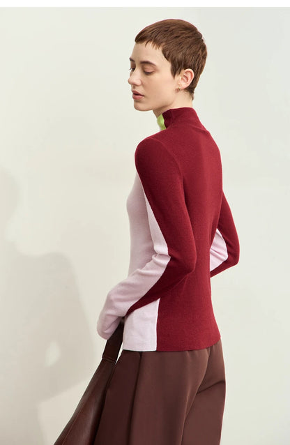Damenpullover mit Stehkragen, Kontrast: Dunkelrot mit hellem Ärmel in Rosa