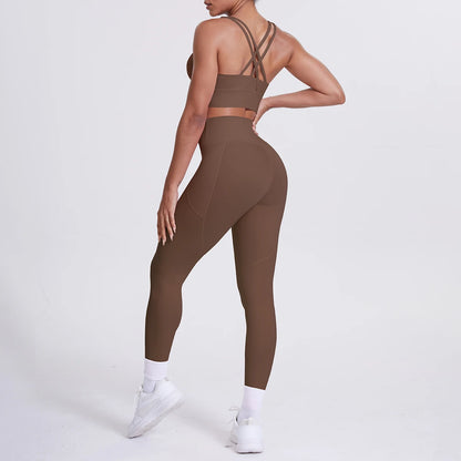 Yoga-Set mit Sporttop und Leggings, braun, gekreuzte Träger, hoher Bund