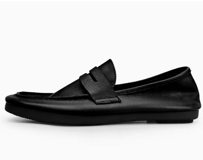 Herren-Leder-Loafer mit rundem Zeh, schwarzer Schlupf mit breitem Riemen