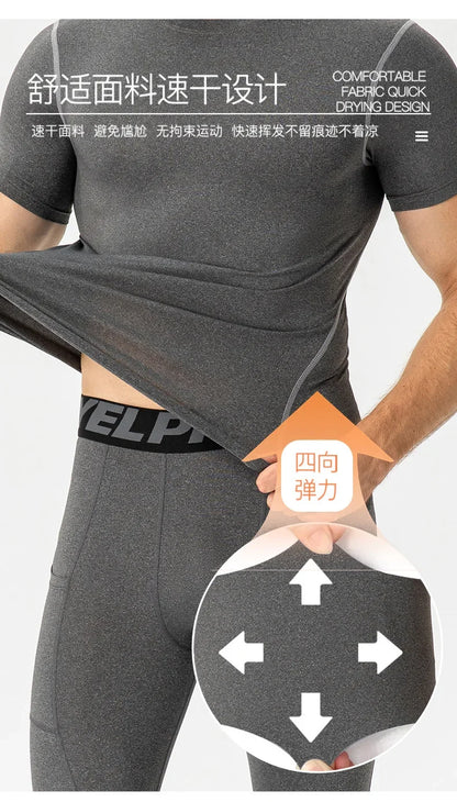Eng anliegendes Herren-Fitness-Trainingsset mit kurzen Ärmeln – elastisch und schnelltrocknend, ideal für Sport und Laufen.