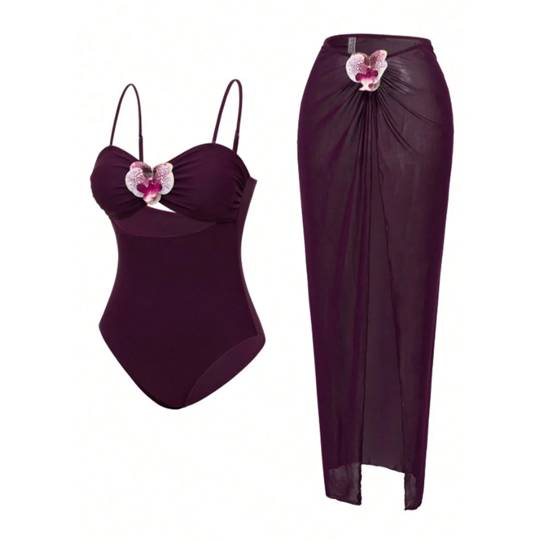 Damen Badeanzug 3D-Blumen Rock Monokini hoher Beinausschnitt Einteiler