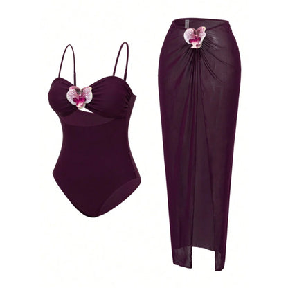 Damen Badeanzug 3D-Blumen Rock Monokini hoher Beinausschnitt Einteiler