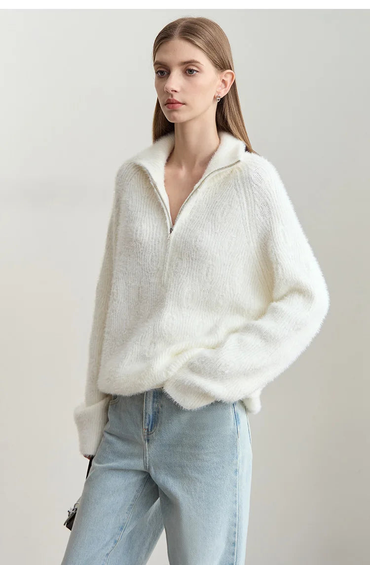 Damen-Rollkragenpullover Reißverschluss Nerz-Optik locker Winter