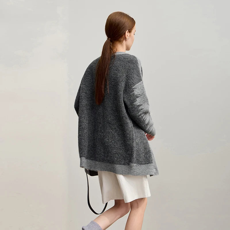 Damen V-Ausschnitt Cardigan lang Patchwork Wolle-Mix Winter