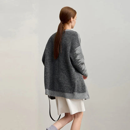 Damen V-Ausschnitt Cardigan lang Patchwork Wolle-Mix Winter