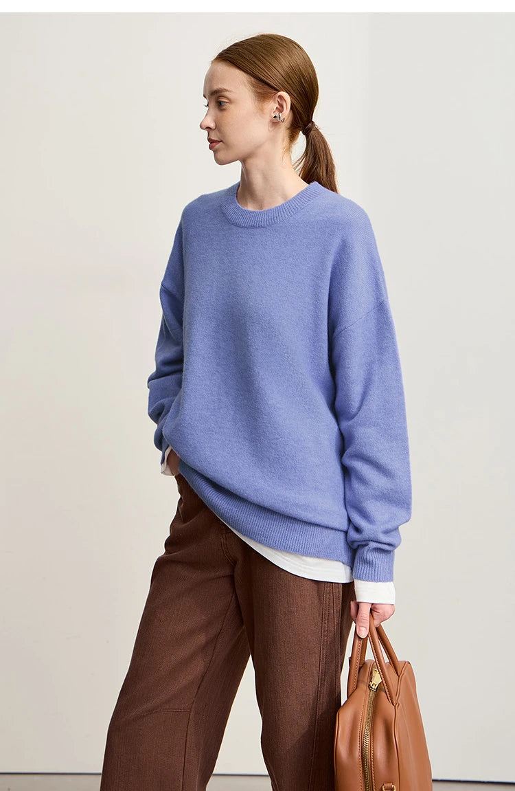 Minimalistischer Damen-Strickpullover, blau, Rundhalsausschnitt, locker sitzend
