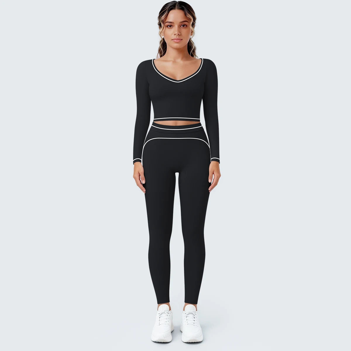 Damen-Yogaset mit Langarmoberteil und Leggings, schwarz, mit Kontrastband