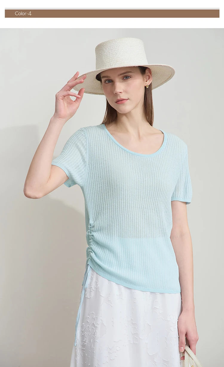 Damen-Sommerpullover, Rundhals, Kurzarm, hellblauer Rippenstrick, Kordelzug