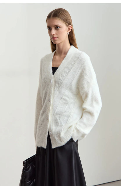 Damen-Strickjacke V-Ausschnitt Nerz-Imitat locker dick Winter