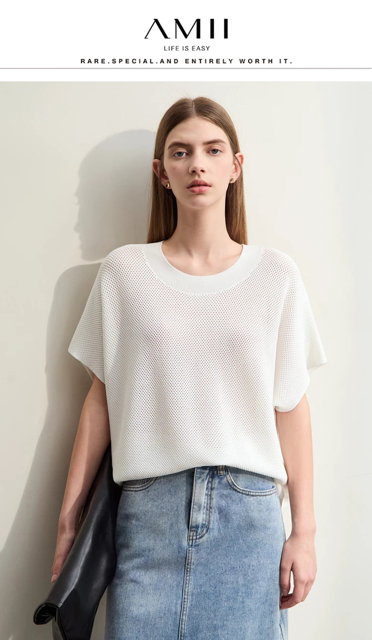 Damen-Rundhalspullover Wolle Aushöhlung locker Streetwear Sommer
