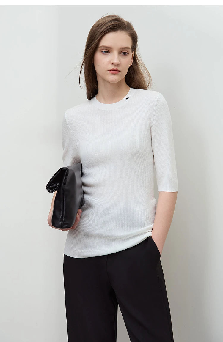 Damen-Strickpullover, weiß, einfarbig, O-Ausschnitt, 3/4-Ärmel