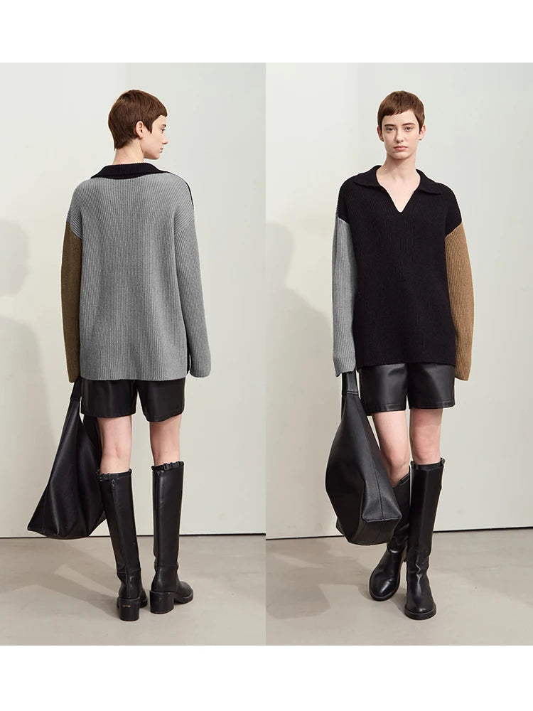 Damen V-Ausschnitt Pullover Patchwork Raglan locker Herbst-Winter