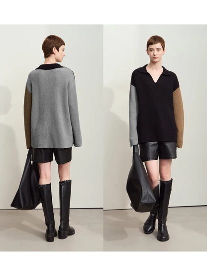 Damen V-Ausschnitt Pullover Patchwork Raglan locker Herbst-Winter