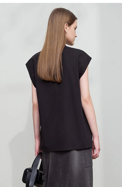 Damen T-Shirt aus Baumwolle mit lässigem O-Ausschnitt und breiten Schultern