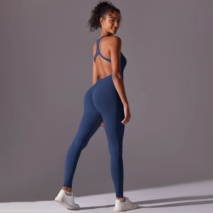 Nahtloser Yoga-Bodysuit, dunkelblau, rückenfrei mit Racerback und Kreuzträgern