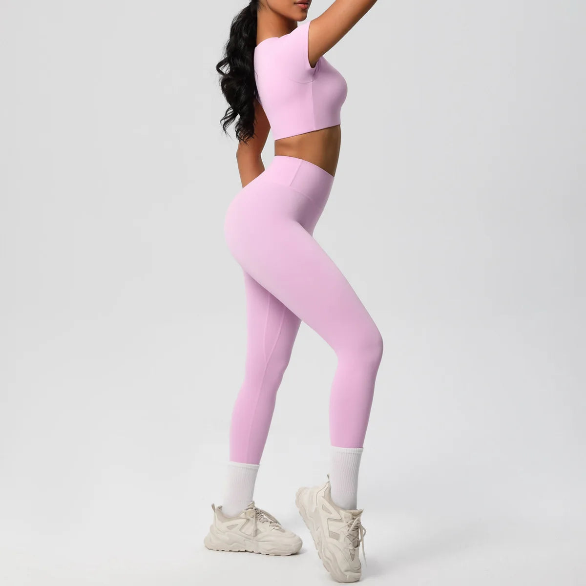 Yoga-Set für Damen: Crop-Top und High-Waist-Leggings, hellrosa, Rückansicht.