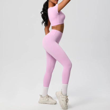 Yoga-Set für Damen: Crop-Top und High-Waist-Leggings, hellrosa, Rückansicht.