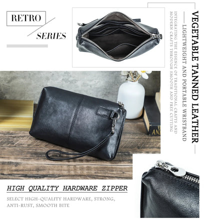 Schwarze Echtleder-Handtasche für Herren mit Retro-Design, Reißverschluss und Metallverschluss