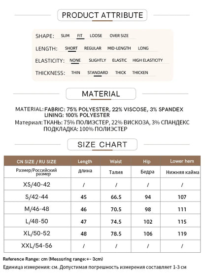 Größen- und Materialtabelle für Damen-Minirock (Polyester, Viskose, Elasthan)