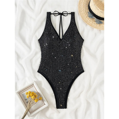 Damen Badeanzug Pailletten V-Ausschnitt rückenfrei Monokini High-Cut glänzend