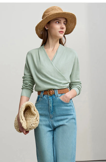 Damen-Strickpullover mit V-Ausschnitt, Langarm, hellgrün