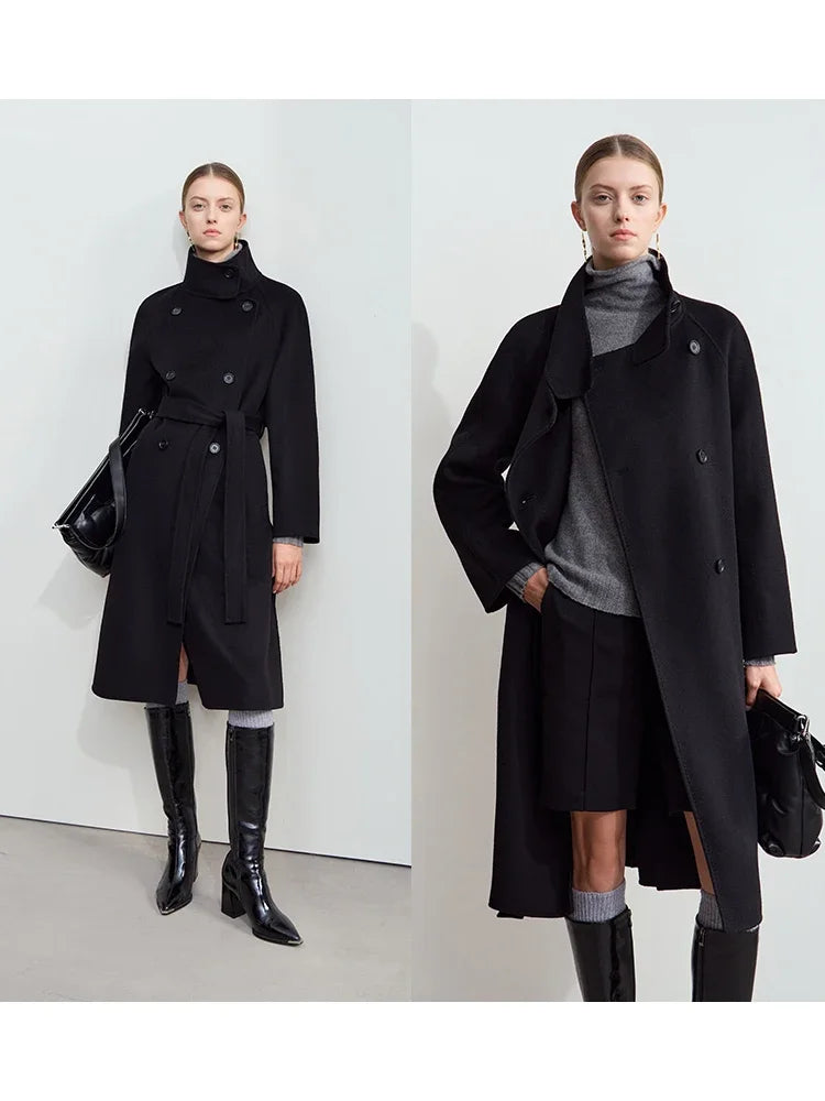 Damen Tweed Mantel im Winter-Look mit Stehkragen und Gürtel