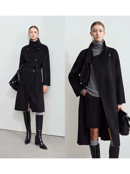 Damen Tweed Mantel im Winter-Look mit Stehkragen und Gürtel