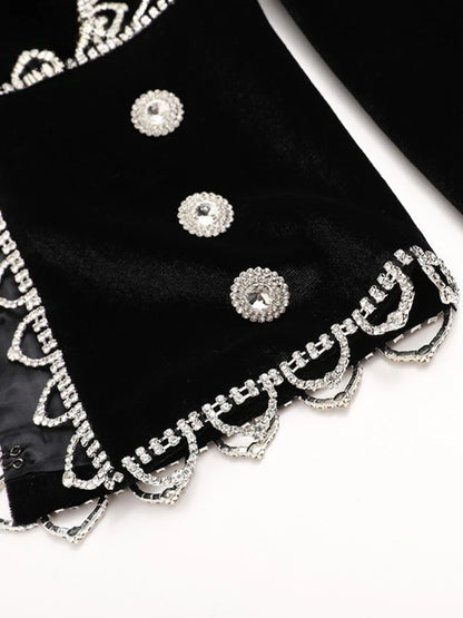 Elegantes Damen-Zweiteiler-Set mit V-Ausschnitt, langen Ärmeln und Perlenverzierung – Patchwork-Top mit Knöpfen und hoch taillierte Hose