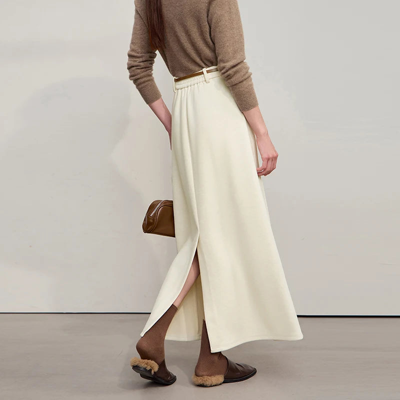 Damen-Wollstrickrock in Beige/Creme mit seitlichem Schlitz, Midilänge, schmaler Gürtelbund