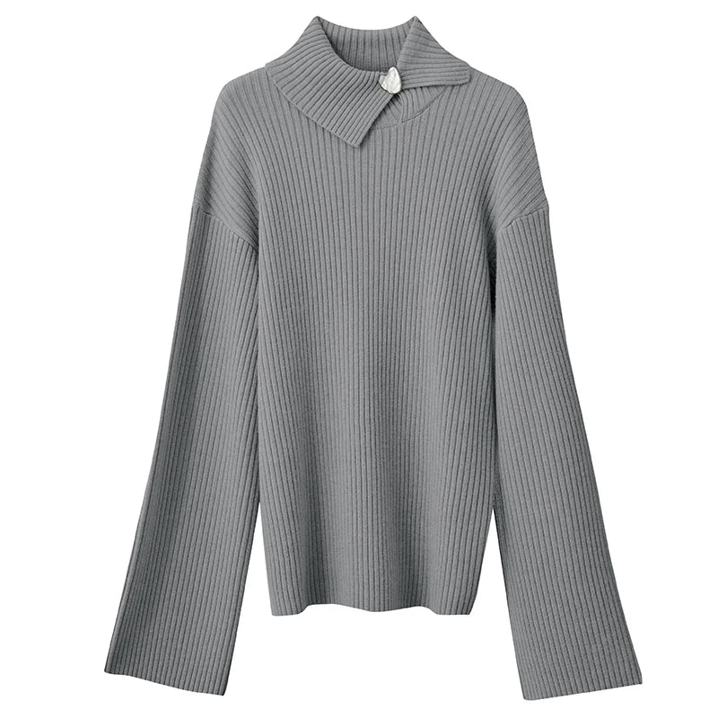 Damen-Pullover aus Rippenstrick, grau, lockerer Schnitt, lange Ärmel, Metallknopf am Kragen