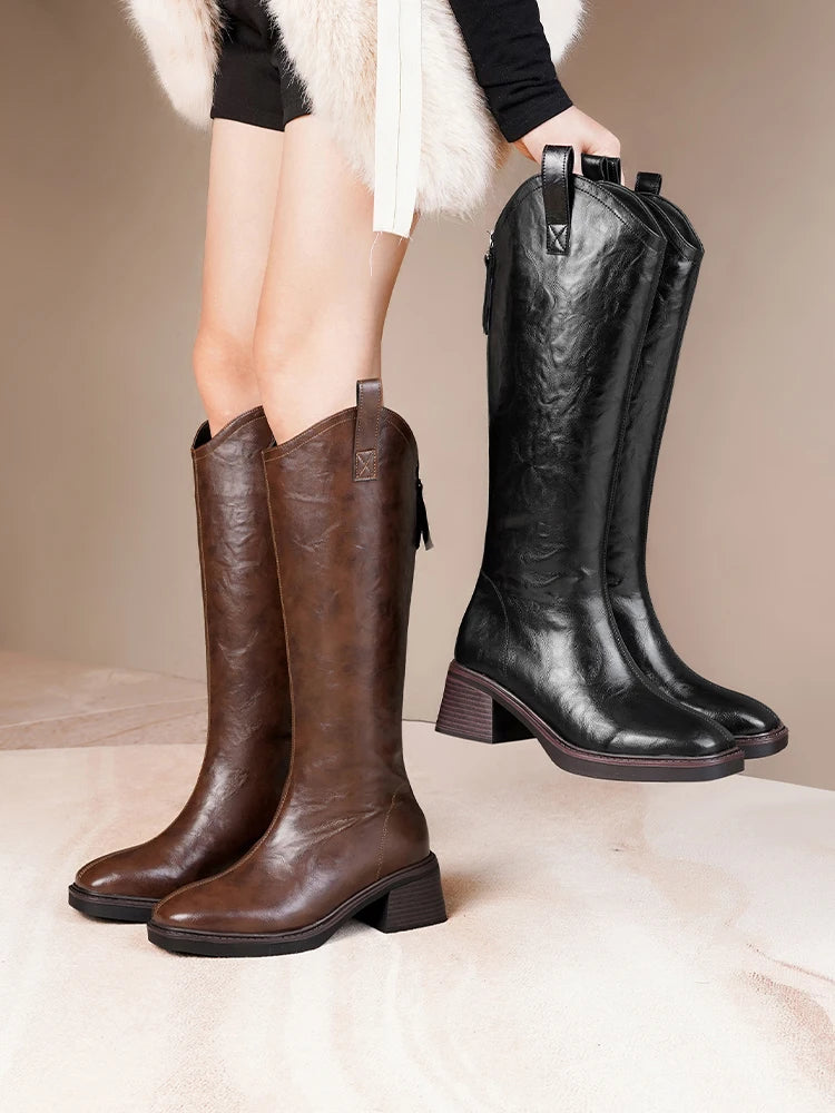 Damen-Langschaftstiefel aus Leder, braun & schwarz, Western-Form mit Blockabsatz