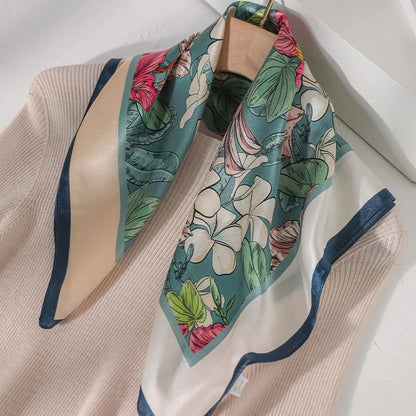 Damen Seidenschal 53cm quadratisch Blumenprint Luxus Halstuch Hijab Bandana