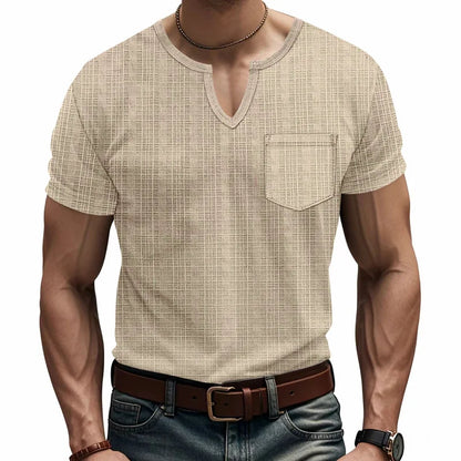 Herren-Casual-Poloshirt mit V-Ausschnitt, Brusttasche und Knopfleiste – vielseitiges, einfarbiges Business-T-Shirt