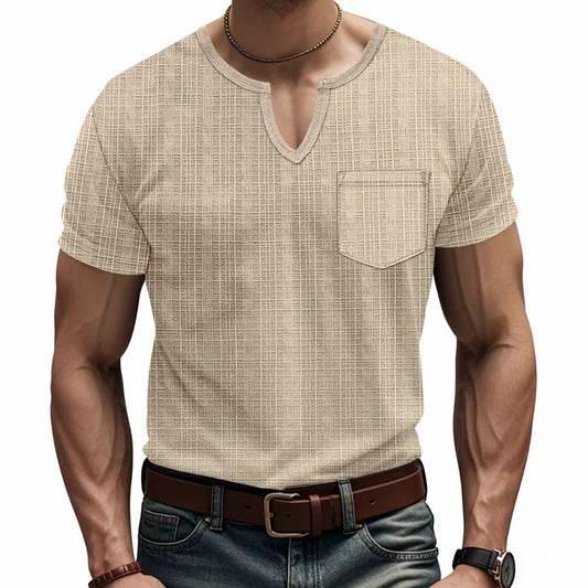 Herren-Casual-Poloshirt mit V-Ausschnitt, Brusttasche und Knopfleiste – vielseitiges, einfarbiges Business-T-Shirt